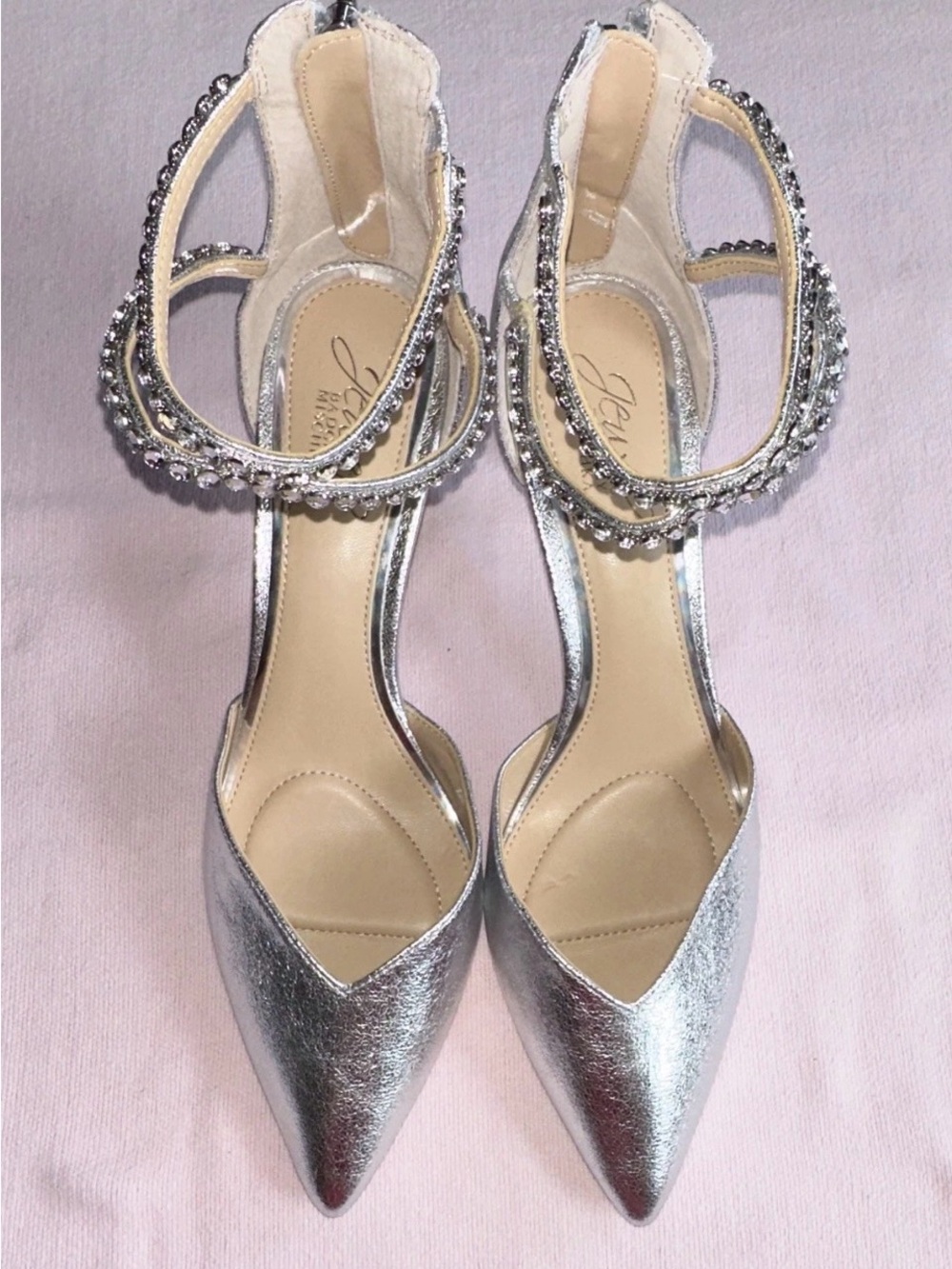Badgley Mischka Silver Pointed-Toe Ankle-Strap Heels with Crystal Trim